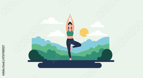 Woman practicing yoga tree pose outdoors on a mat with mountains in the background.
