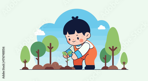 Young boy planting a tree in the garden with care and love.
