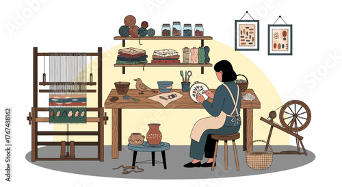 Woman Crafting Pottery in Workshop with Loom and Spinning Wheel.