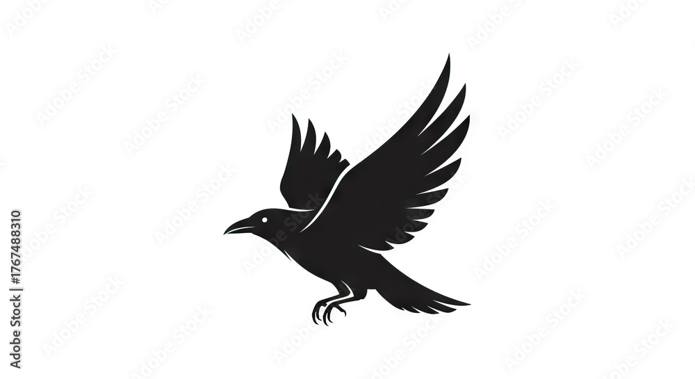 Obraz premium A black silhouette of a crow with spread wings against a white background
