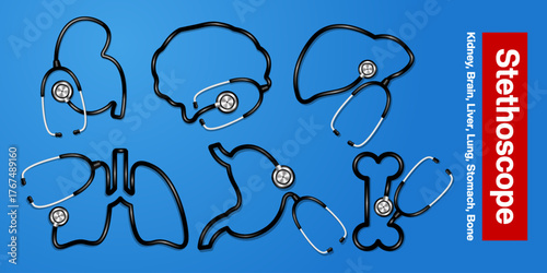 Unique stethoscopes shaped like kidney, brain, liver, and more on a blue background. Perfect as gifts for nurses, Nurses Week, International Nurses Day, National Nurses Day celebrations, and more