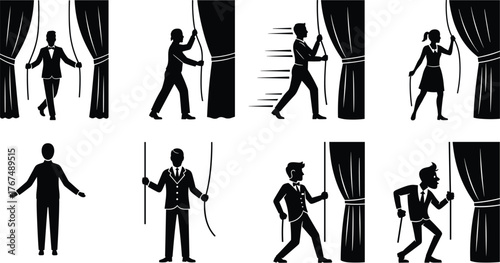 Silhouettes of people opening or closing stage curtains, theater performance, reveal, showtime, presentation, isolated opening act illustration.