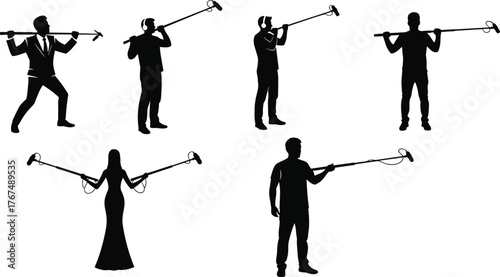 Boom operator silhouettes holding a microphone on a pole, sound technician recording audio on a film set, isolated production concept.
