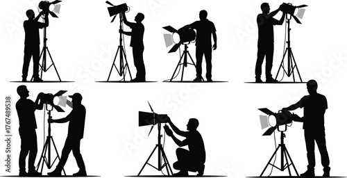 Lighting technician silhouettes adjusting a spotlight on a tripod, gaffer, stage or film lighting, professional production setup illustration.