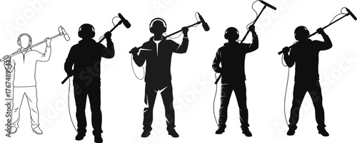 Boom operator silhouettes holding a microphone on a pole, sound technician recording audio on a film set, isolated production concept.