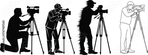Cameramen silhouettes operating professional video camera on a tripod, videographer, filmmaking, news reporter, movie production, isolated illustration set.