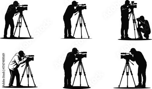 Cameramen silhouettes operating professional video camera on a tripod, videographer, filmmaking, news reporter, movie production, isolated illustration set.