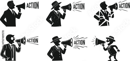 Silhouettes of men in suits shouting "ACTION" through a megaphone, protest, announcement, call to action, communication, isolated business concept.