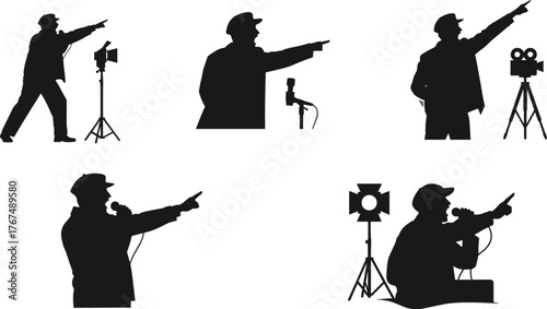 Movie Director silhouette pointing a finger with microphone, camera, and spotlight, filmmaker giving direction, isolated production concept.