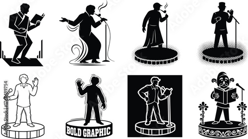 Silhouettes of performers and speakers on a stage, public speaking, presentation, stand-up comedy, reading, or protesting, group of people performing, raising hands.