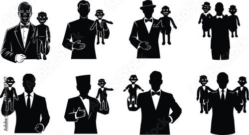 Professional Ventriloquist holding a classic dummy puppet, performing a theatrical stage show, comedy and entertainment, vintage silhouette illustration.