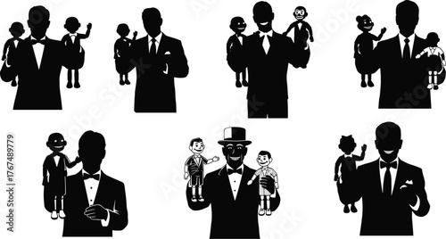 Professional Ventriloquist holding a classic dummy puppet, performing a theatrical stage show, comedy and entertainment, vintage silhouette illustration.