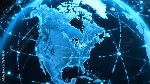 Global digital network over blue earth, data lines connecting continents, futuristic communication technology concept