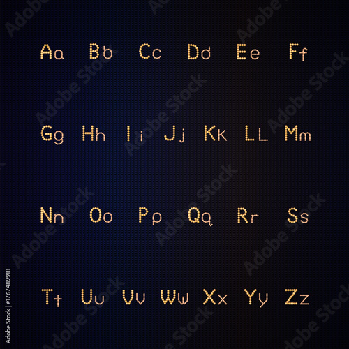 Crystal English vector alphabet set with gemstone and neon glow golden effects, uppercase and lowercase letters, isolated on dark background