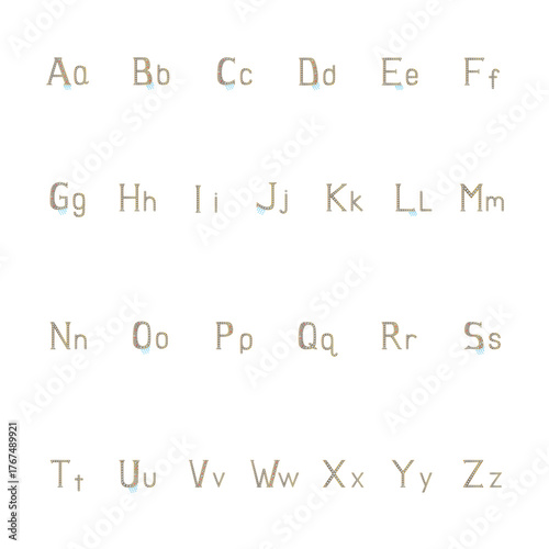Crystal English vector alphabet set with gemstone and gold effects, uppercase and lowercase letters, isolated on white background