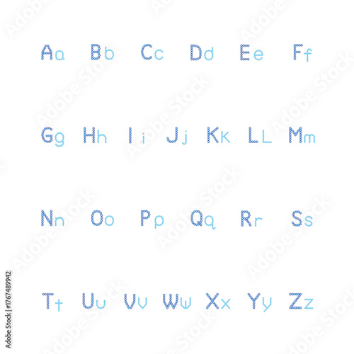 Crystal English vector alphabet set with blue jewel gemstone effect, uppercase and lowercase letters, isolated on white background