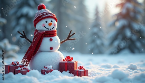 Smiling snowman with red hat and scarf stands on snowy ground surrounded by gift boxes. Snow-covered trees and falling snowflakes. Christmas and New Year. Festive winter scene. 