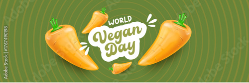 World Vegan day 1 November banner design template with carrot. Vegan day green geometric banner with text and vegetable. Go Vegan. Green abstract geometric background.