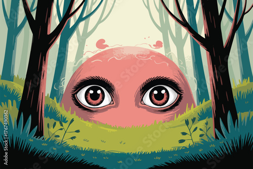 A giant pink head with large eyes peers over grassy terrain in a forest scene with stylized trees