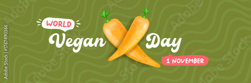 World Vegan day 1 November banner design template with carrot. Vegan day green geometric banner with text and vegetable. Go Vegan. Green abstract geometric background.