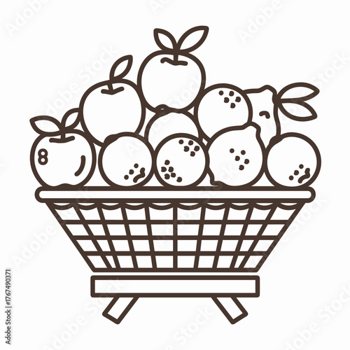Outline vector of basket with apples and oranges – Perfect for healthy lifestyle design, food icons, or agricultural visuals