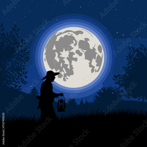 Harvest moon with farmer silhouette and lantern – Great for autumn landscape art, rural life themes, or night sky design