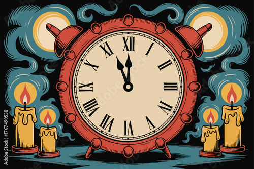 A red clock is surrounded by two sets of lit candles against a backdrop of stylized clouds and moons