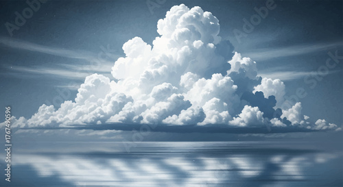 Serene Sky Clouds in Watercolor Landscape, Tranquil Atmosphere with Reflection