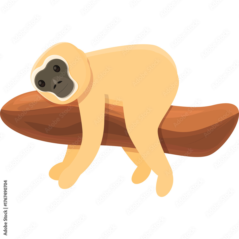 Fototapeta premium Gibbon Monkey Lying On A Branch In Light Peach Color With Black Face And Eyes