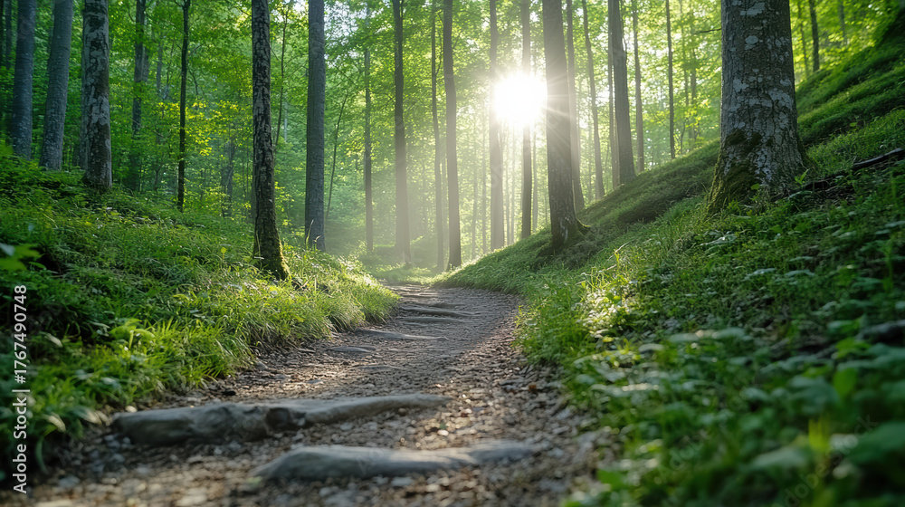 Fototapeta premium Sunlight filters through trees along serene forest trail, creating peaceful atmosphere