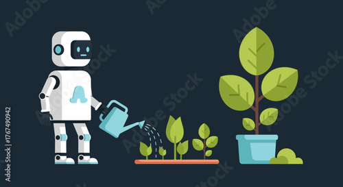 Futuristic android robot gardener watering small green plant seedlings.