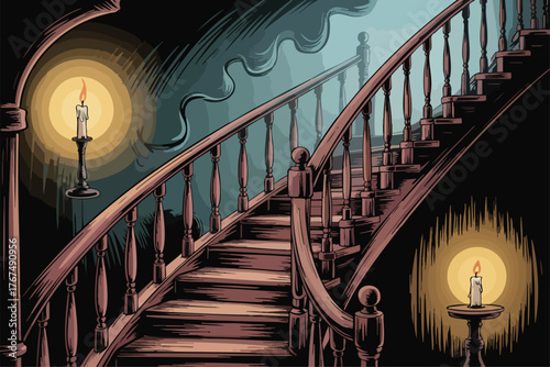 Candlelit staircase illustration with wooden railings and shadowy ambiance