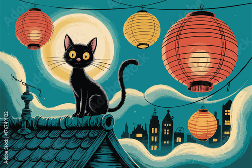 Cartoon style black cat on rooftop with Japanese lanterns at night with city skyline and full moon in background