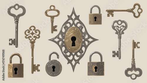 Collection of various old keys and locks in neutral colors arranged on a light background