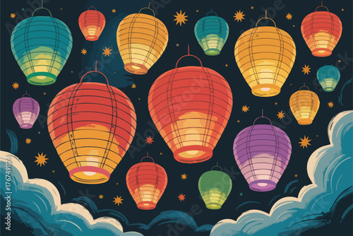 Colorful lanterns float in a dark sky among stars and clouds