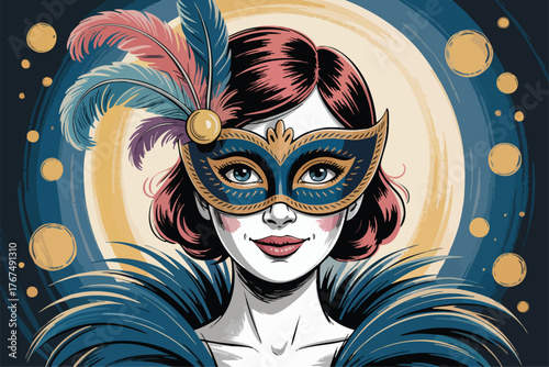 Illustration of a person wearing a feathered mask against a cosmic backdrop