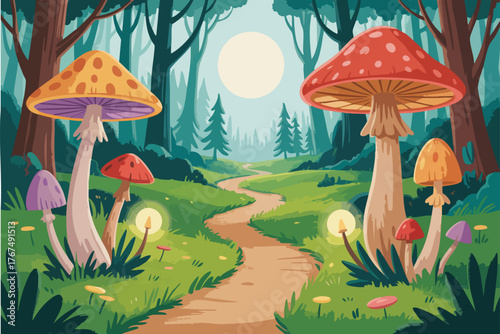 Mushroomfilled path through a forest with a bright round moon and glowing mushrooms