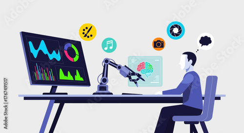 Man working with robotic arm and data visualization on computer screen.