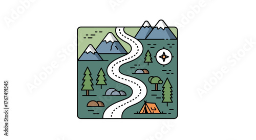 Overhead view of a winding road through a mountainous landscape with camping elements.