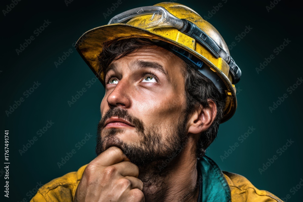 Fototapeta premium Contemplative construction worker wearing helmet exhibits deep thought and focus in professional setting reflecting industry commitment and safe work practices captured with clarity