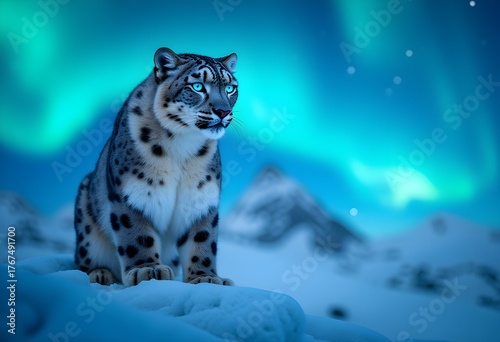A majestic snow leopard standing on a snowy mountain under the northern light