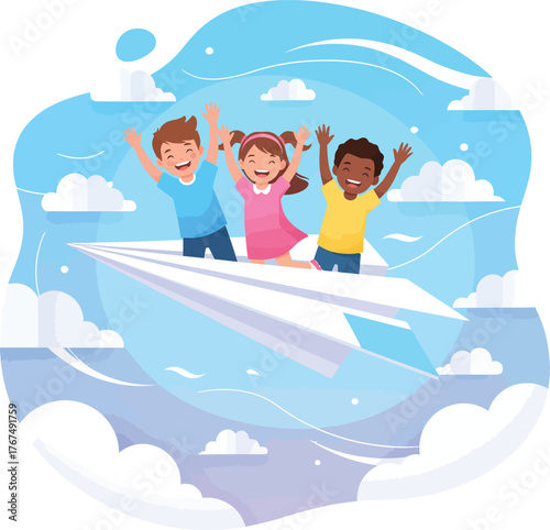 Children riding a paper airplane through the sky with clouds.