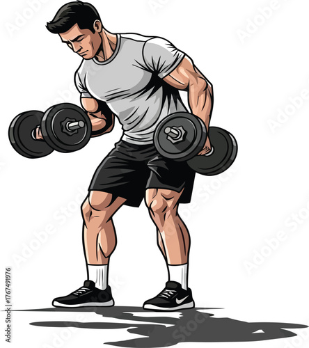 Muscular young man lifting dumbbells during a gym workout to build body strength and fitness