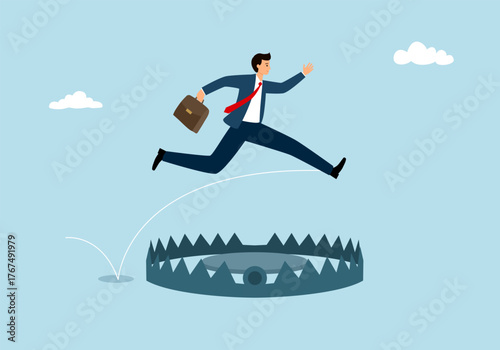 Avoiding a trap. Businessman jump pass pitfalls to achieve business success. Avoid pitfall steel bear trap. Flat vector illustration.