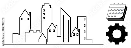 Minimalist city skyline with varied building shapes, a gear representing process and a calendar symbolizing scheduling. Ideal for city planning, development, architecture, business strategy