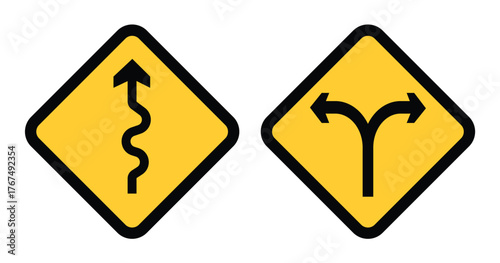 Winding road sign and two way road sign arrow icon on white background, isolated vector illustration