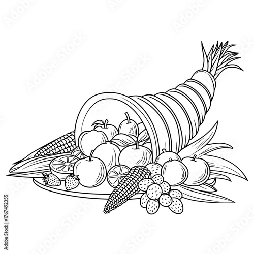 Vector cornucopia filled with fruits and vegetables – Ideal for harvest, Thanksgiving, or abundance-themed content