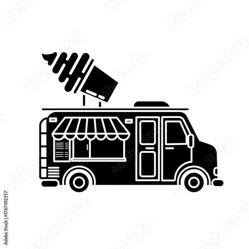 Ice Cream Truck Food Icon in Silhouette Style Vector Illustration 