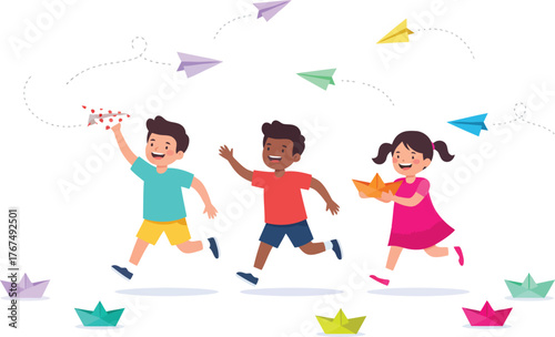Three children running and playing with paper airplanes and boats.