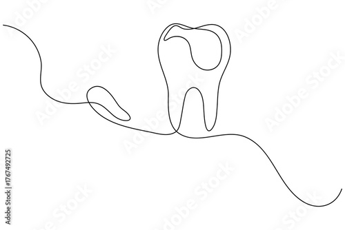 Minimalist tooth outline one line art symbol for dentist and oral care concept
